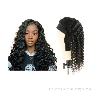 Wholesale Glueless Full Machine Made Wigs Curly Natural Black Color 100% Human Hair Non Lace Deep Wave Headband Wig